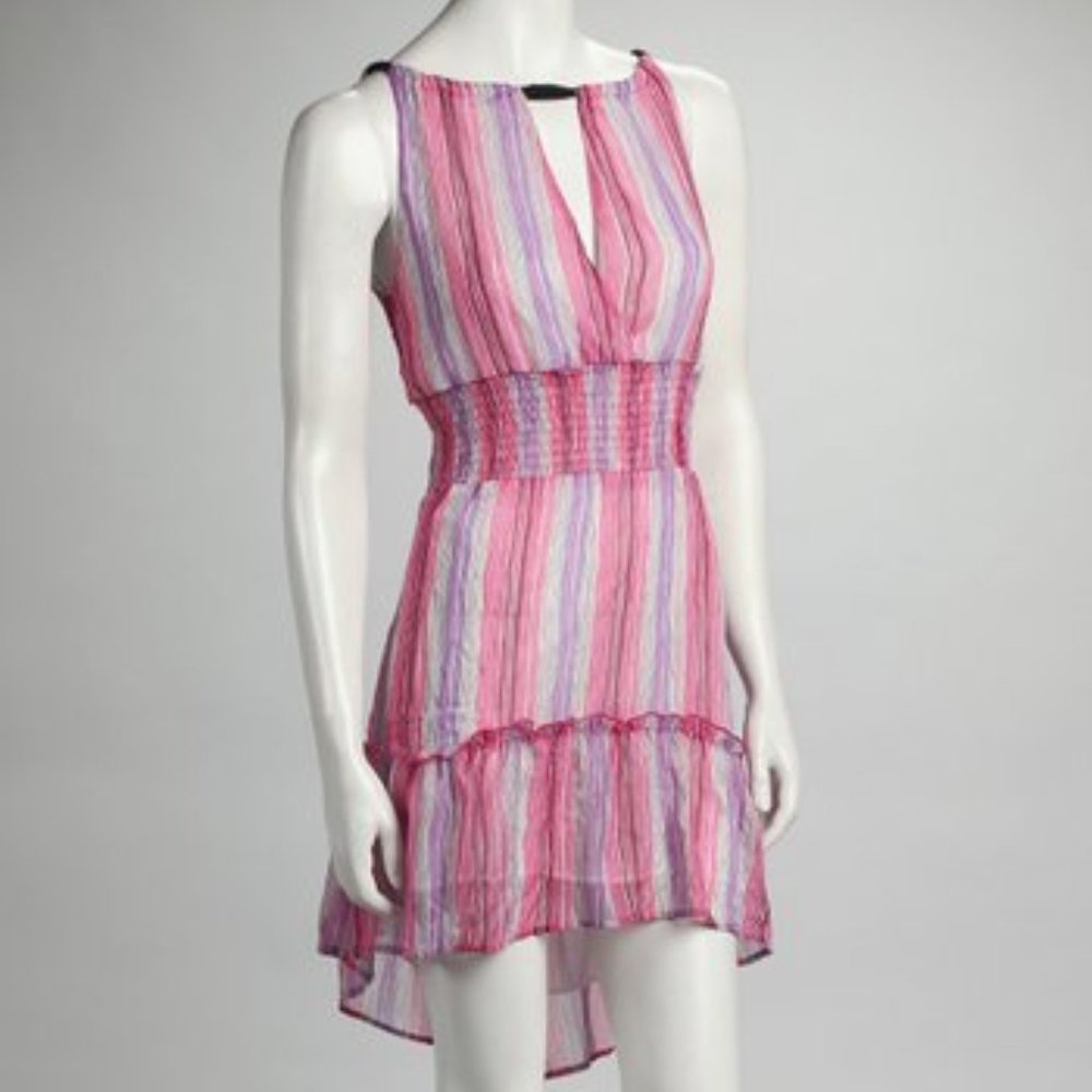 NWT Fuchsia Pink Layered High-Low Dress Boho Coastal Smocked Waist Summer